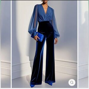 BLUE MESH V-NECK WOMENS LONG-SLEEVED VELVET JUMPSUIT